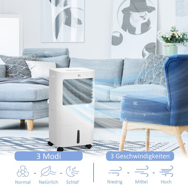 HOMCOM 3 v 1 Mobilní Klimatizace s Humidifikací a Chlazením Vody 15L, 60° Oscilující Klimatizační Jednotka 65W s Časovačem na 8h, Dálkovým Ovládáním