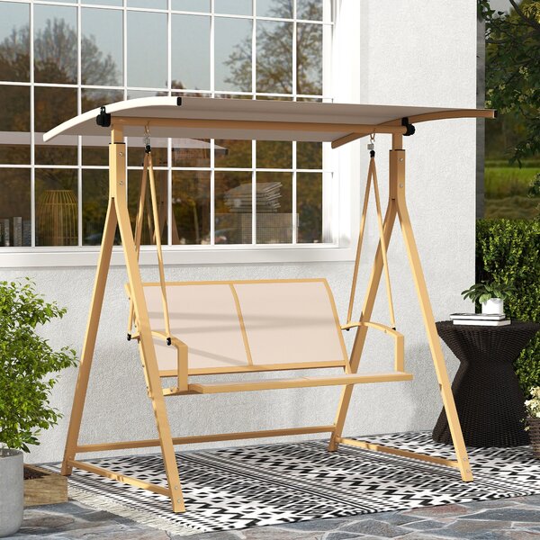 Outsunny 2-místná Zahradní Houpačka s Nastavitelnou Stříškou, UV Ochrana 30+, Trojúhelníkový Kovový Rám, Nosnost 220 kg, 160x112x162 cm Khaki | Aosom