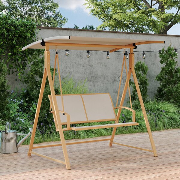 Outsunny 2-místná Zahradní Houpačka s Nastavitelnou Stříškou, UV Ochrana 30+, Trojúhelníkový Kovový Rám, Nosnost 220 kg, 160x112x162 cm Khaki | Aosom