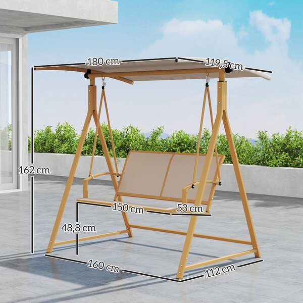 Outsunny 2-místná Zahradní Houpačka s Nastavitelnou Stříškou, UV Ochrana 30+, Trojúhelníkový Kovový Rám, Nosnost 220 kg, 160x112x162 cm Khaki | Aosom