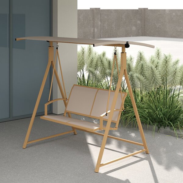 Outsunny 2-místná Zahradní Houpačka s Nastavitelnou Stříškou, UV Ochrana 30+, Trojúhelníkový Kovový Rám, Nosnost 220 kg, 160x112x162 cm Khaki | Aosom