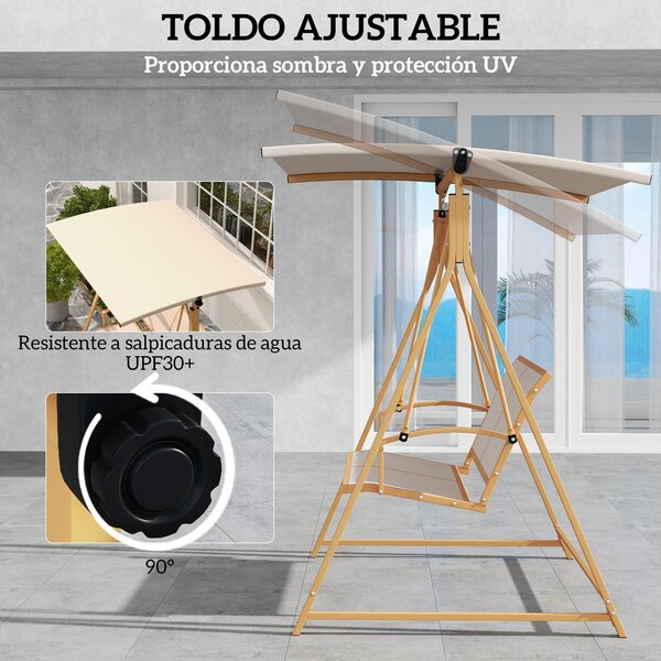 Outsunny 2-místná Zahradní Houpačka s Nastavitelnou Stříškou, UV Ochrana 30+, Trojúhelníkový Kovový Rám, Nosnost 220 kg, 160x112x162 cm Khaki | Aosom