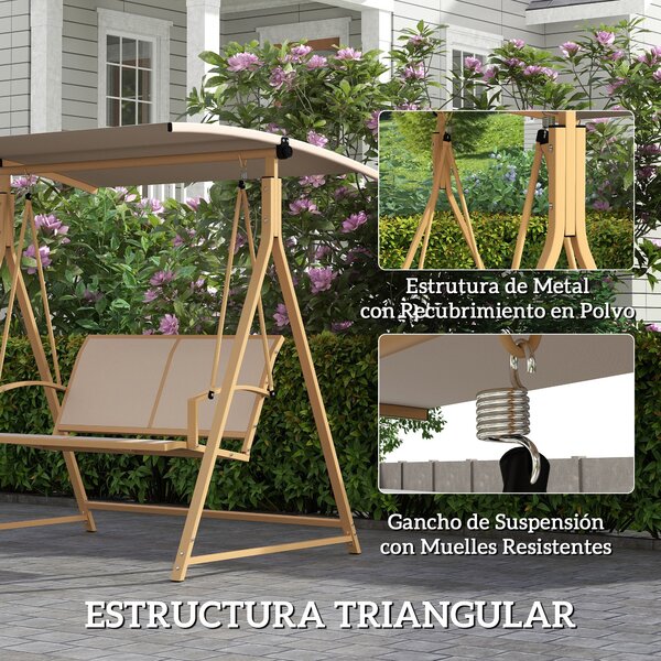 Outsunny 2-místná Zahradní Houpačka s Nastavitelnou Stříškou, UV Ochrana 30+, Trojúhelníkový Kovový Rám, Nosnost 220 kg, 160x112x162 cm Khaki | Aosom