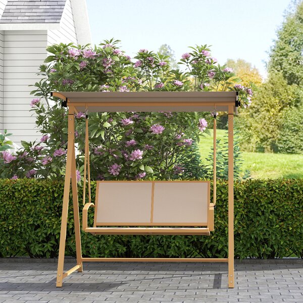 Outsunny 2-místná Zahradní Houpačka s Nastavitelnou Stříškou, UV Ochrana 30+, Trojúhelníkový Kovový Rám, Nosnost 220 kg, 160x112x162 cm Khaki | Aosom
