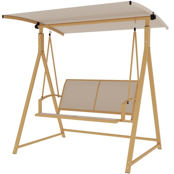 Outsunny 2-místná Zahradní Houpačka s Nastavitelnou Stříškou, UV Ochrana 30+, Trojúhelníkový Kovový Rám, Nosnost 220 kg, 160x112x162 cm Khaki | Aosom