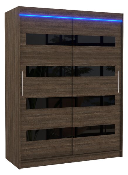 ADRK Šatní skříň posuvná s LED osvětlením MARTINEZ CH-BL 150 L, choco/černý Lacobel