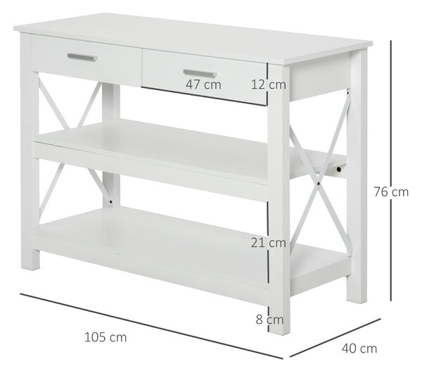 HOMCOM Konzolový stolek do předsíně s 2 zásuvkami a dolními policemi, moderní styl, kovový rám 105x40x76 cm Bílá | Aosom