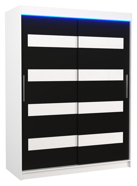 ADRK Šatní skříň posuvná s LED osvětlením MARTINEZ W-B-WL 150 L, černá/bílá/bílý Lacobel