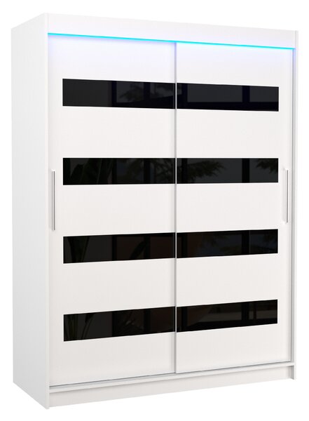 ADRK Šatní skříň posuvná s LED osvětlením MARTINEZ W-BL 150 L, bílá/černý Lacobel