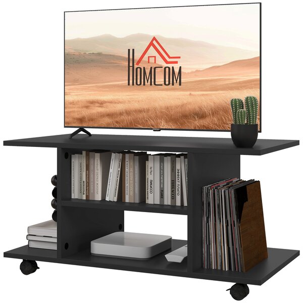 HOMCOM TV stolek, TV jednotka s policemi a uzamykatelnými kolečky, melaminový povrch 80x40x40 cm černá | Aosom