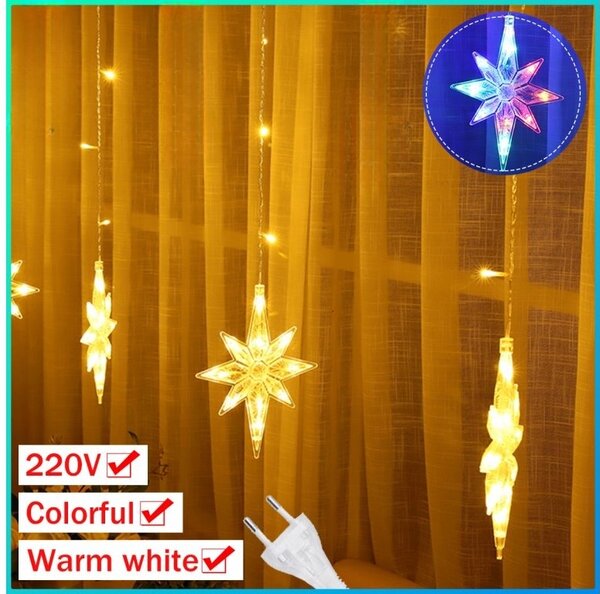 Vnitřní LED vánoční závěs - Osmicípé hvězdy , 3m, 138 LED, různé barvy na výběr Barva: Teplá bílá
