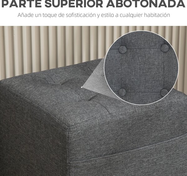 HOMCOM Nízký podnožník do obývacího pokoje potažený lnem, čtvercový otoman se boční kapsou, polstrovaným vrškem s knoflíky a dřevěným rámem pro obývac