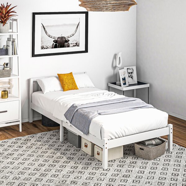 HOMCOM Dřevěný Rám Postele s Laťkami, 208 x 96 cm s Hlavovou Částí, Jednolůžkový Rám Postele do Ložnice, Bílý | Aosom