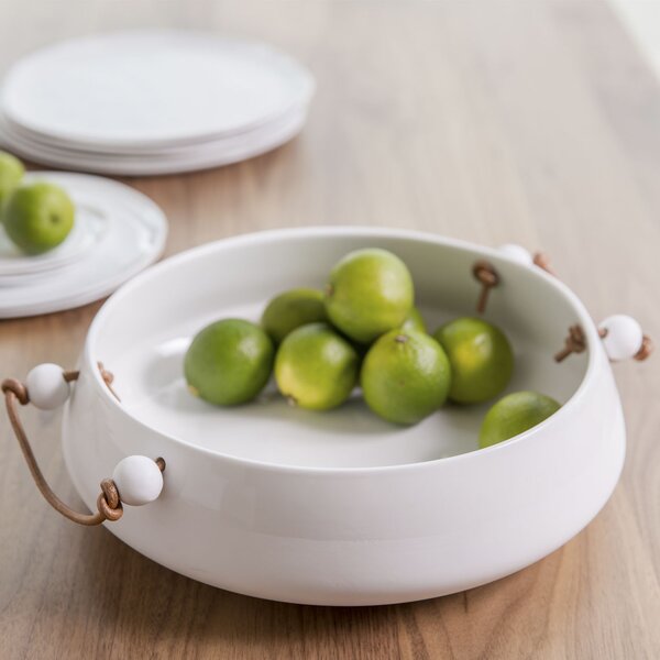 Bílá porcelánová miska s koženou rukojetí
