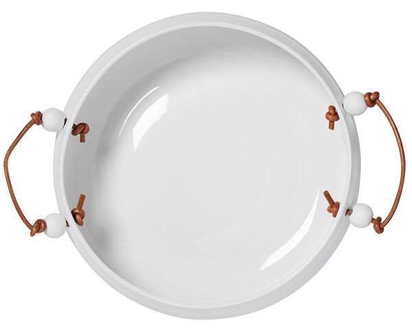 Bílá porcelánová miska s koženou rukojetí