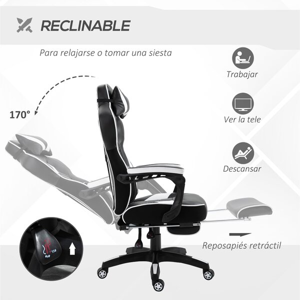 Ergonomická herní židle Vinsetto s nastavitelnou výškou a sklonem, opěrkou nohou, hlavy a bederním polštářem, kolečka 65x70x118,5-128,5 cm Bílá | Aoso