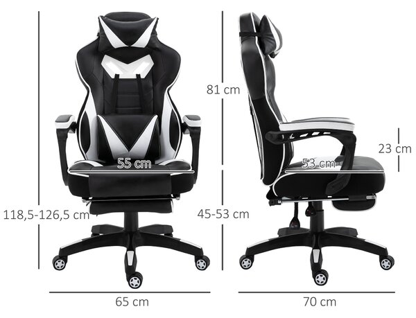 Ergonomická herní židle Vinsetto s nastavitelnou výškou a sklonem, opěrkou nohou, hlavy a bederním polštářem, kolečka 65x70x118,5-128,5 cm Bílá | Aoso