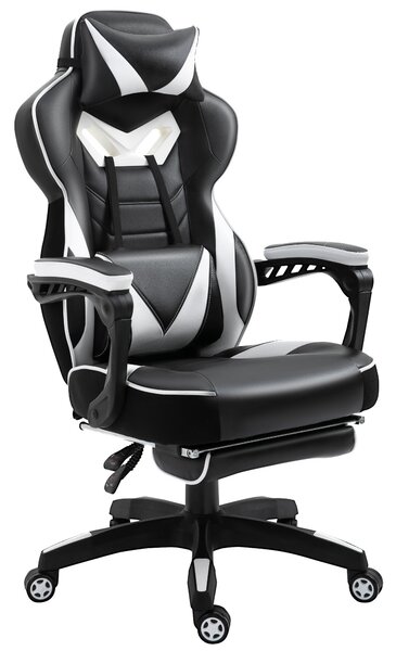 Ergonomická herní židle Vinsetto s nastavitelnou výškou a sklonem, opěrkou nohou, hlavy a bederním polštářem, kolečka 65x70x118,5-128,5 cm Bílá | Aoso