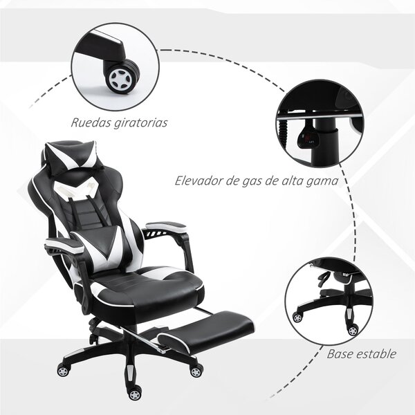 Ergonomická herní židle Vinsetto s nastavitelnou výškou a sklonem, opěrkou nohou, hlavy a bederním polštářem, kolečka 65x70x118,5-128,5 cm Bílá | Aoso
