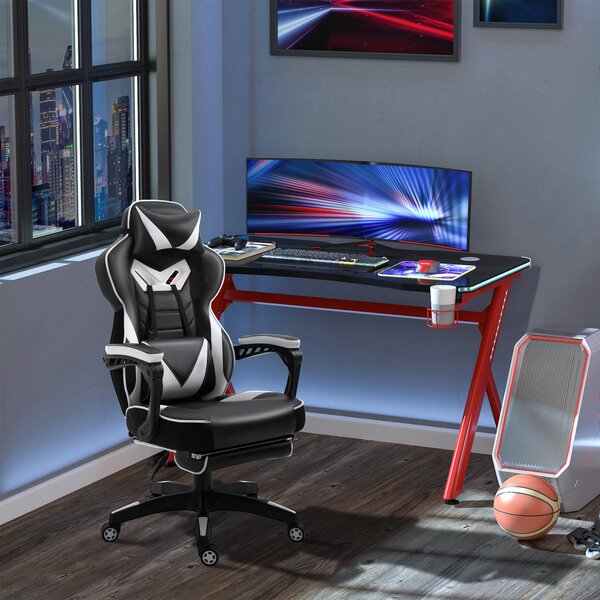 Ergonomická herní židle Vinsetto s nastavitelnou výškou a sklonem, opěrkou nohou, hlavy a bederním polštářem, kolečka 65x70x118,5-128,5 cm Bílá | Aoso
