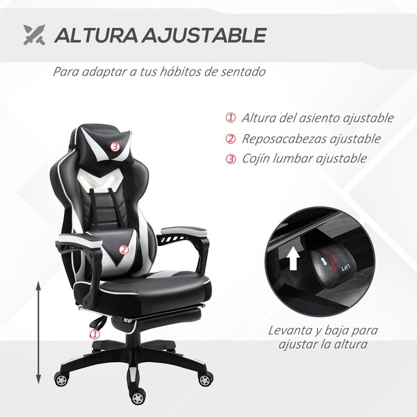 Ergonomická herní židle Vinsetto s nastavitelnou výškou a sklonem, opěrkou nohou, hlavy a bederním polštářem, kolečka 65x70x118,5-128,5 cm Bílá | Aoso