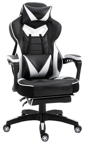 Ergonomická herní židle Vinsetto s nastavitelnou výškou a sklonem, opěrkou nohou, hlavy a bederním polštářem, kolečka 65x70x118,5-128,5 cm Bílá | Aoso