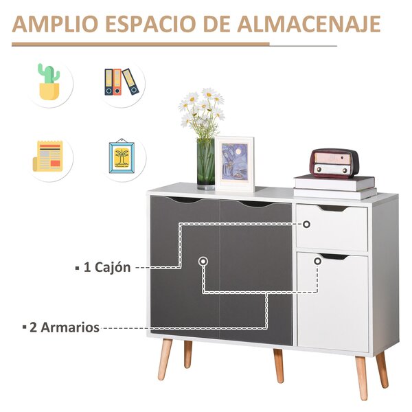 HOMCOM Moderní komoda do obývacího pokoje se 3 dvířky a zásuvkou 90x30x72 cm Bílá a šedá | Aosom