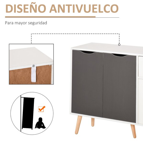 HOMCOM Moderní komoda do obývacího pokoje se 3 dvířky a zásuvkou 90x30x72 cm Bílá a šedá | Aosom