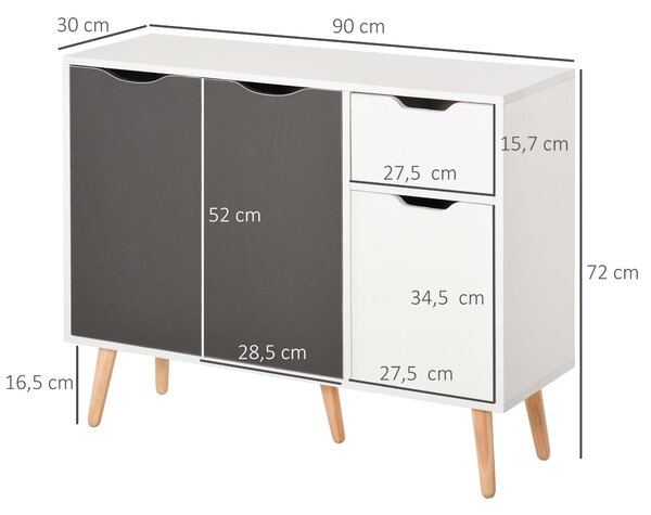 HOMCOM Moderní komoda do obývacího pokoje se 3 dvířky a zásuvkou 90x30x72 cm Bílá a šedá | Aosom
