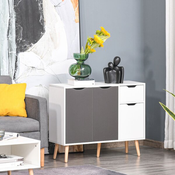 HOMCOM Moderní komoda do obývacího pokoje se 3 dvířky a zásuvkou 90x30x72 cm Bílá a šedá | Aosom