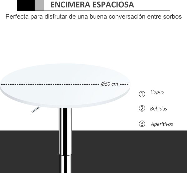 HOMCOM Výškově nastavitelný barový stůl s kulatou protiskluzovou základnou pro kuchyň a jídelnu Ø60x69-93 cm Bílý | Aosom
