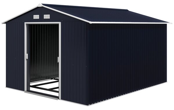 Zahradní domek Outsunny 8,3 m² 277x322x192 cm s posuvnými dveřmi a šikmou střechou, vyztužená základna (podlaha není součástí balení) a 4 okna šedá |