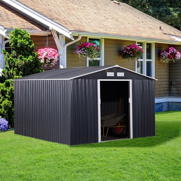 Zahradní domek Outsunny 8,3 m² 277x322x192 cm s posuvnými dveřmi a šikmou střechou, vyztužená základna (podlaha není součástí balení) a 4 okna šedá |