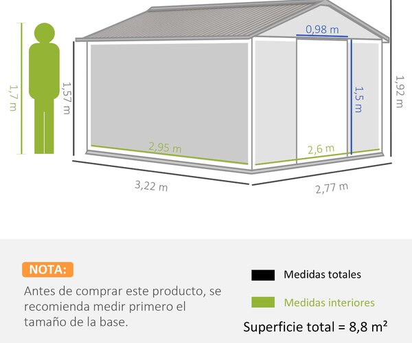 Zahradní domek Outsunny 8,3 m² 277x322x192 cm s posuvnými dveřmi a šikmou střechou, vyztužená základna (podlaha není součástí balení) a 4 okna šedá |