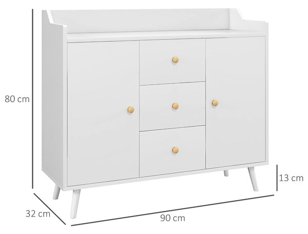 HOMCOM Moderní Komoda do Obývacího Pokoje s 2 Dveřmi a 3 Zásuvkami a Nohy z Borovicového Dřeva pro Jídelnu, Chodbu, Ložnici 90x32x80 cm Bílá | Aosom