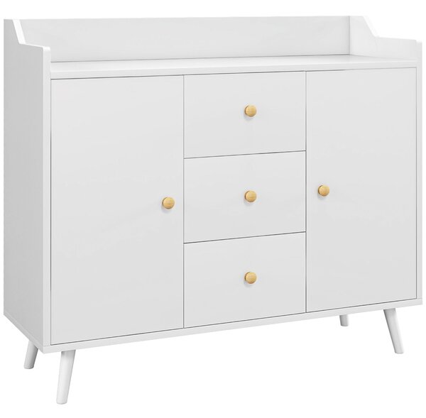 HOMCOM Moderní Komoda do Obývacího Pokoje s 2 Dveřmi a 3 Zásuvkami a Nohy z Borovicového Dřeva pro Jídelnu, Chodbu, Ložnici 90x32x80 cm Bílá | Aosom