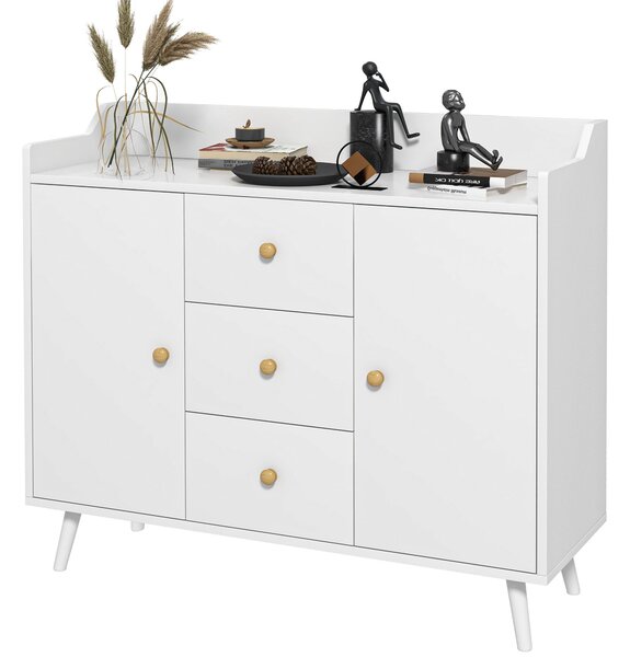HOMCOM Moderní Komoda do Obývacího Pokoje s 2 Dveřmi a 3 Zásuvkami a Nohy z Borovicového Dřeva pro Jídelnu, Chodbu, Ložnici 90x32x80 cm Bílá | Aosom