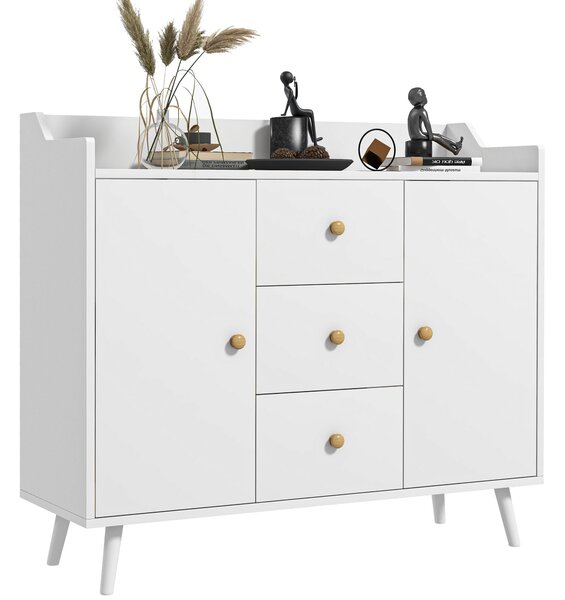 HOMCOM Moderní Komoda do Obývacího Pokoje s 2 Dveřmi a 3 Zásuvkami a Nohy z Borovicového Dřeva pro Jídelnu, Chodbu, Ložnici 90x32x80 cm Bílá | Aosom