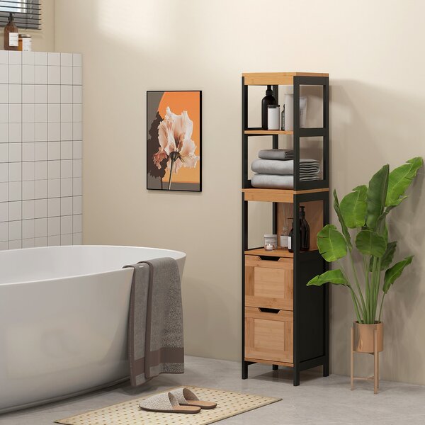 Kleankin Koupelnový Sloupkový Skříň S 3 Policemi A 2 Zásuvkami Moderní Styl 30x30x144,3 cm Černá a Přírodní | Aosom