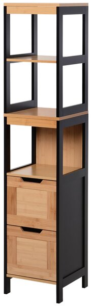 Kleankin Koupelnový Sloupkový Skříň S 3 Policemi A 2 Zásuvkami Moderní Styl 30x30x144,3 cm Černá a Přírodní | Aosom