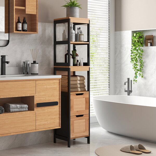 Kleankin Koupelnový Sloupkový Skříň S 3 Policemi A 2 Zásuvkami Moderní Styl 30x30x144,3 cm Černá a Přírodní | Aosom