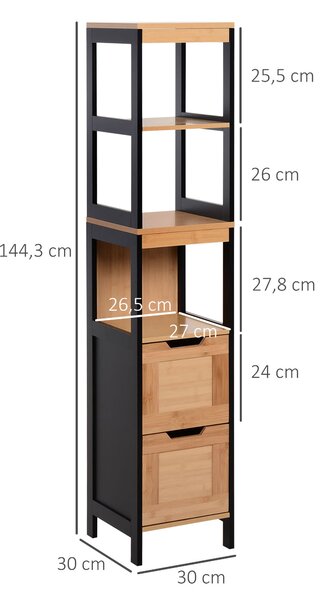 Kleankin Koupelnový Sloupkový Skříň S 3 Policemi A 2 Zásuvkami Moderní Styl 30x30x144,3 cm Černá a Přírodní | Aosom