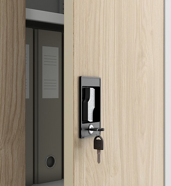 Multifunkční kovová skříň bílá / dub sonoma: Eco Design DAWID, 900 x 1850 x 450 mm