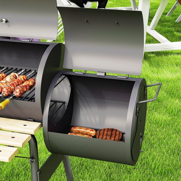 Outsunny 3v1 uhlíkový gril a udírna BBQ 124x53x104 cm s teploměrem a koly | Aosom