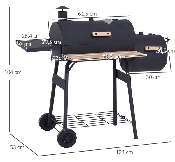 Outsunny 3v1 uhlíkový gril a udírna BBQ 124x53x104 cm s teploměrem a koly | Aosom