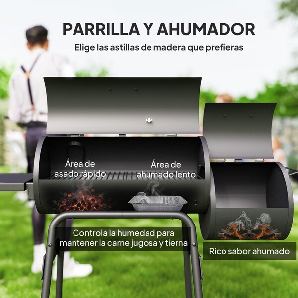 Outsunny 3v1 uhlíkový gril a udírna BBQ 124x53x104 cm s teploměrem a koly | Aosom
