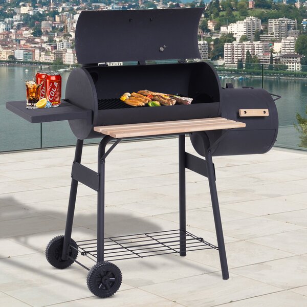Outsunny 3v1 uhlíkový gril a udírna BBQ 124x53x104 cm s teploměrem a koly | Aosom