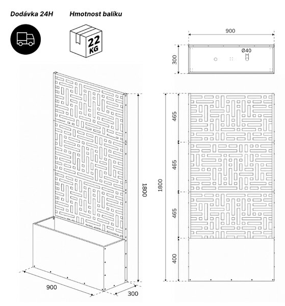 Zahradní kovová pergola s truhlíkem 3v1 černá, 900x1800x300 mm: ROSE