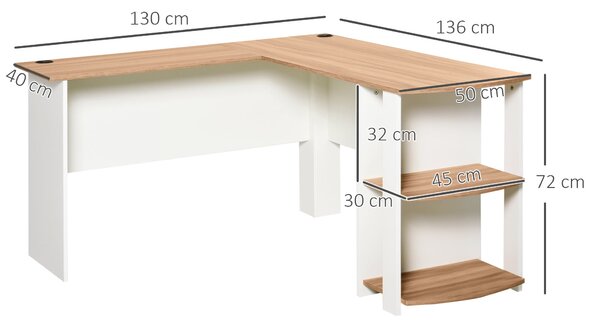 HOMCOM Počítačový stůl s policemi pro kancelář a domov, do tvaru L, 136x130x72cm, Dřevěný | Aosom