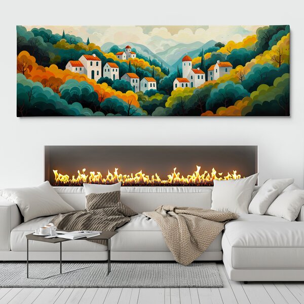 Obraz na plátně - Lesní údolí s vískou Alambra FeelHappy.cz Velikost obrazu (šířka x výška): 120 x 40 cm